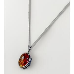 Estate Sterling Silver Baltic Amber Pendant 925 Necklace 16” - Vintage